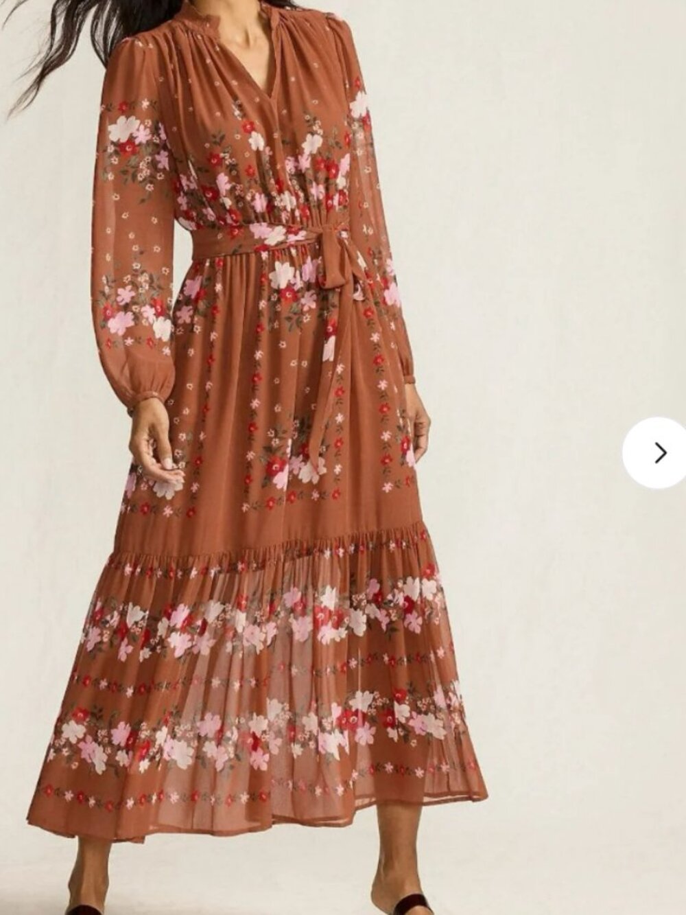Lands’ End Chiffon Tiered maxi dress brown ginger floral stripe